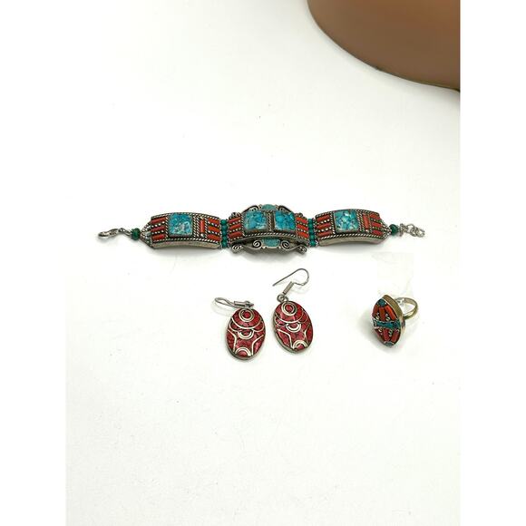 Tibetan Silver Turquoise Coral Set Bracelet Ring Earrings Adjustable - Picture 2 of 8